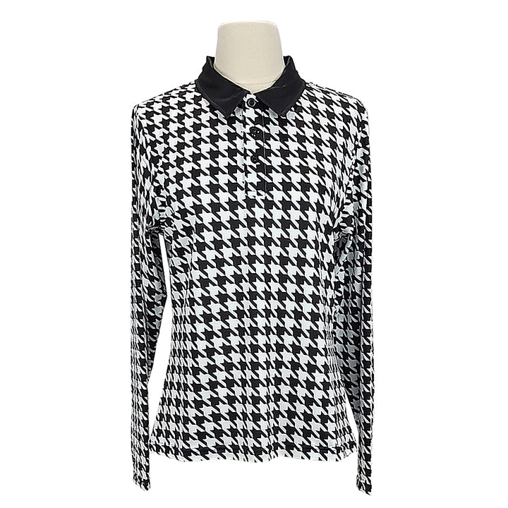 Precott Women's Long Sleeve Golf Shirt (polo) in Houndstooth Black and White Pattern FV